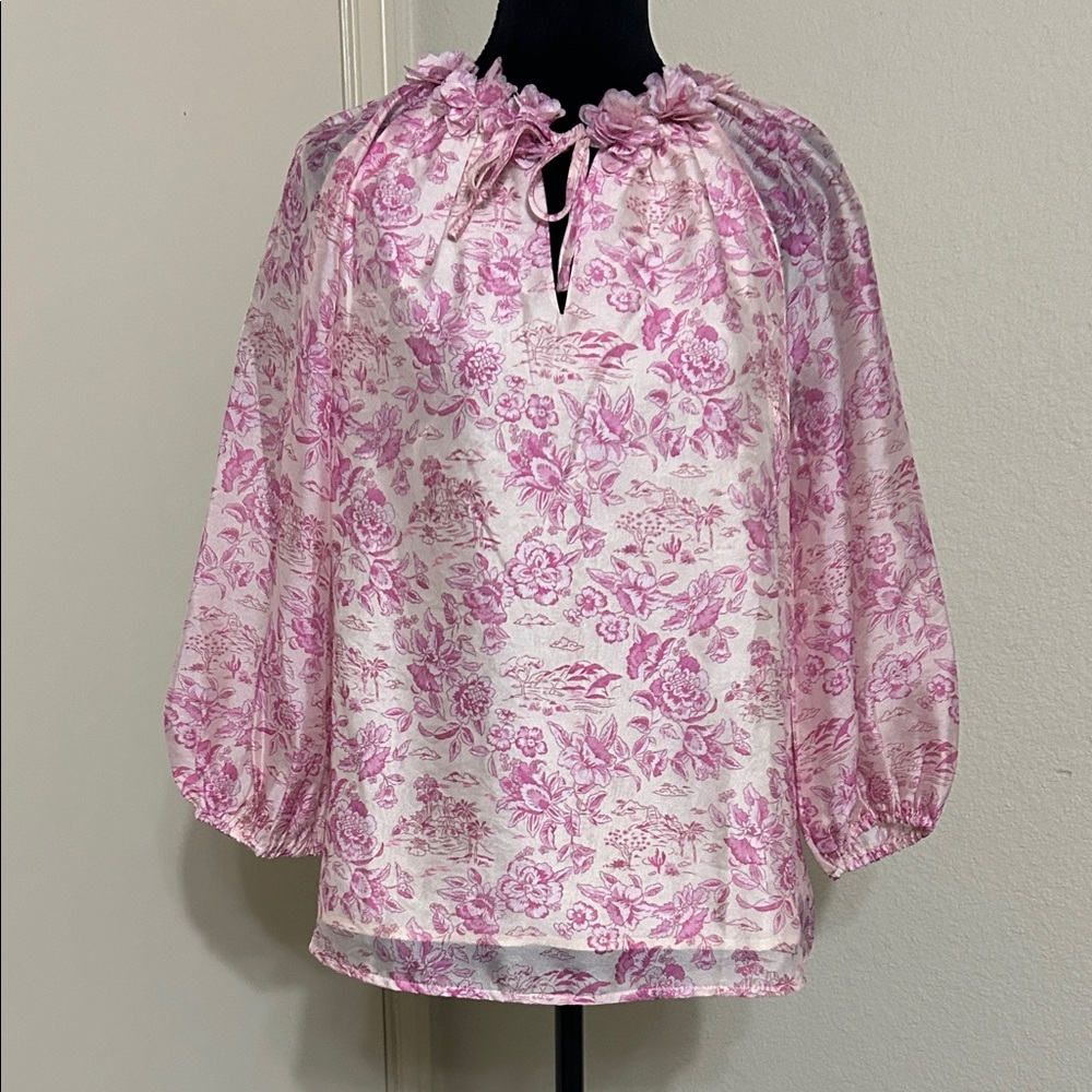 Jade Pink Floral Peasant Blouse with Tie Neck